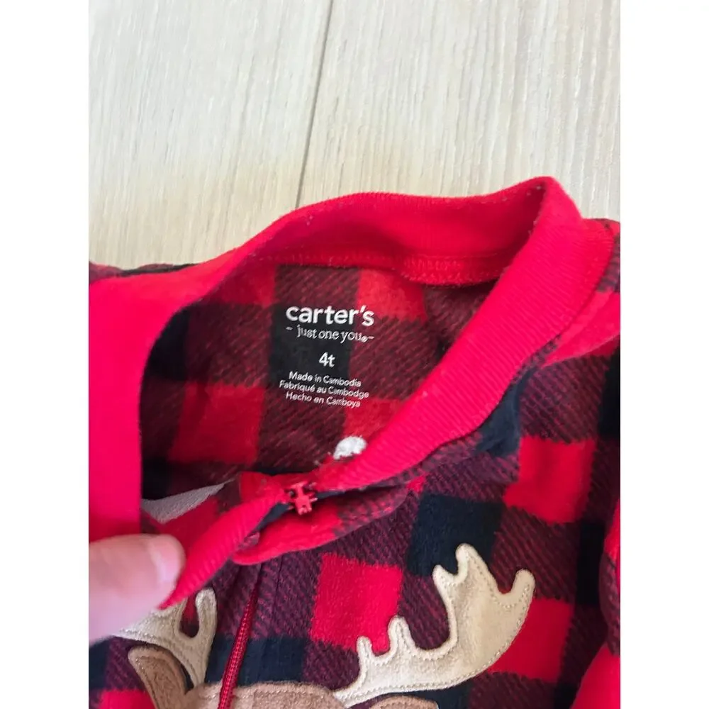 Lot Of 2 Carter’s Zip Up Red Plaid Footed Pajamas Pjs Moose Polar Bear 4T